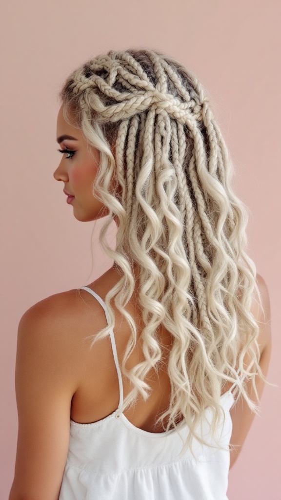 A woman with beachy crochet waves hairstyle featuring braided top and loose curls.
