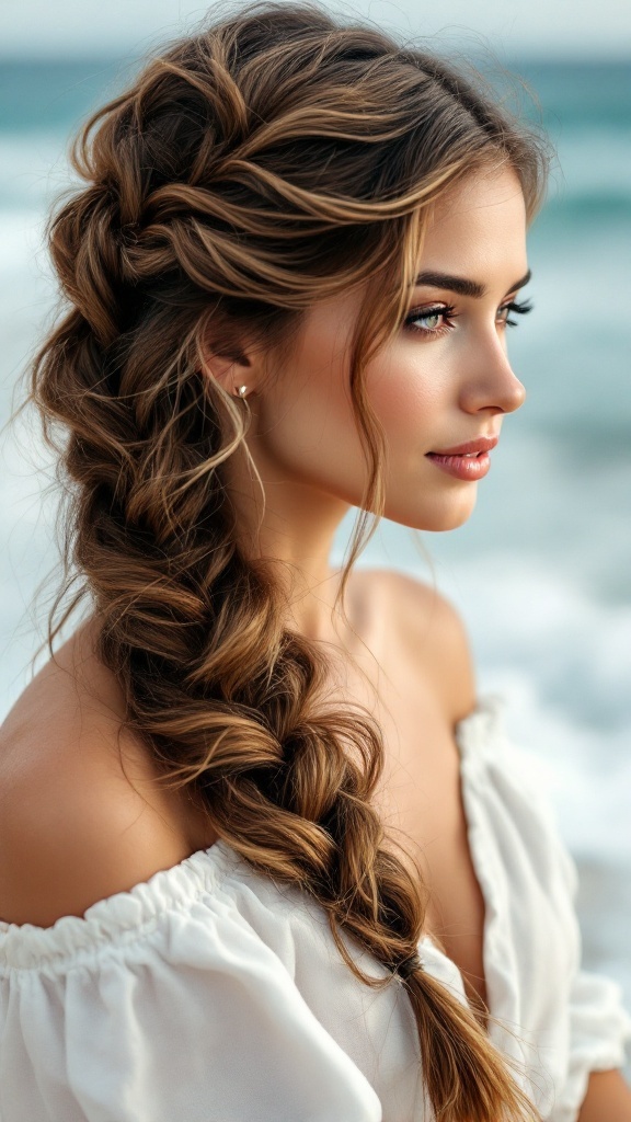 Woman with a beachy fishtail braid hairstyle, standing by the ocean