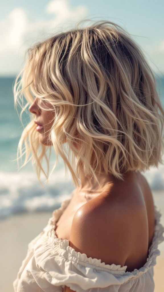 A profile view of a woman with beachy waves, standing near the shore.