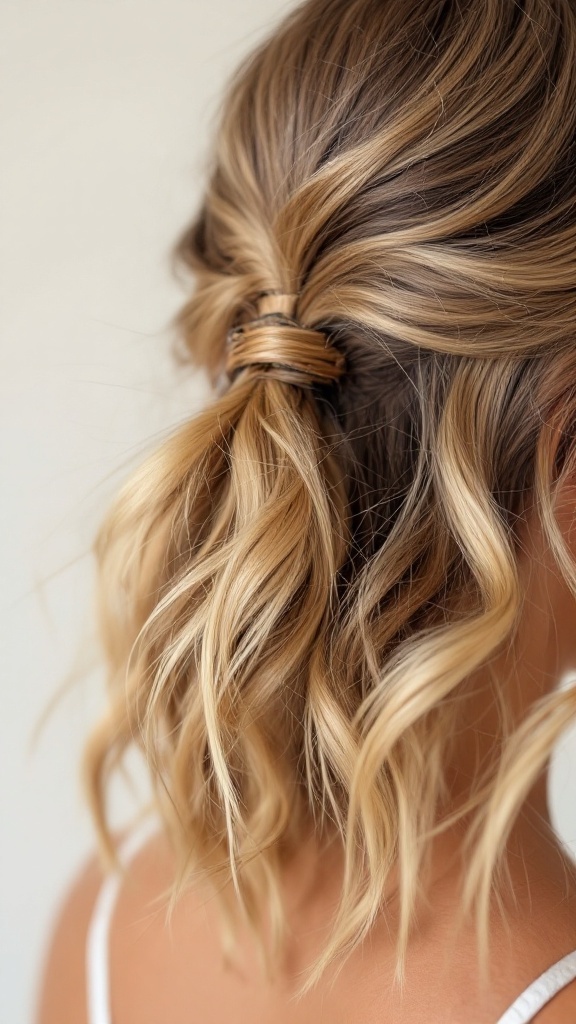 A woman with short, wavy hair styled with a claw clip, showcasing a beachy waves look.