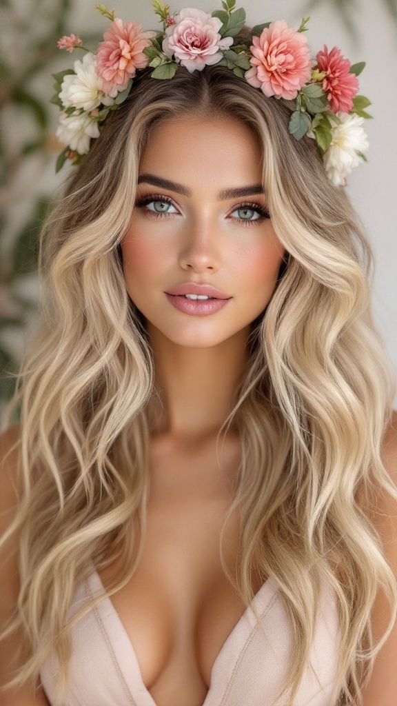 A woman with beachy waves wearing a floral halo, showcasing a boho wedding hairstyle.