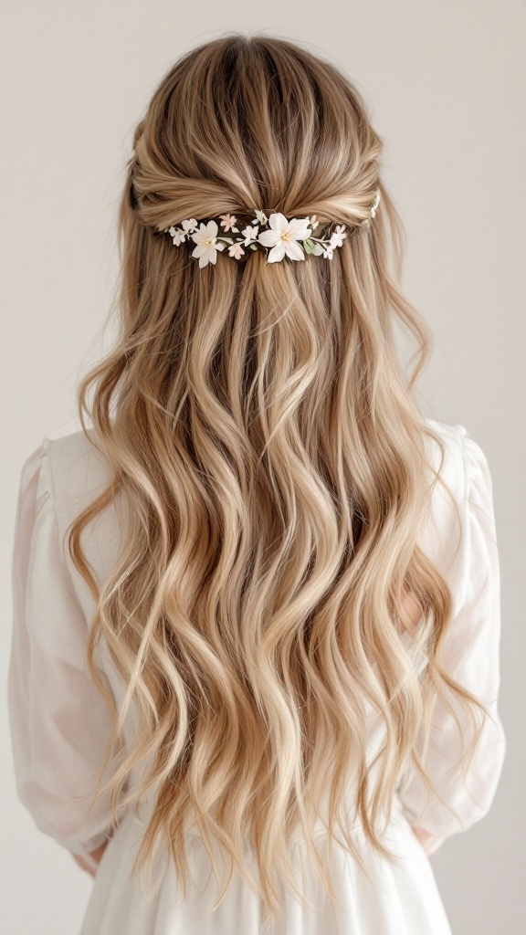 A hairstyle featuring beachy waves secured with a floral hairband.