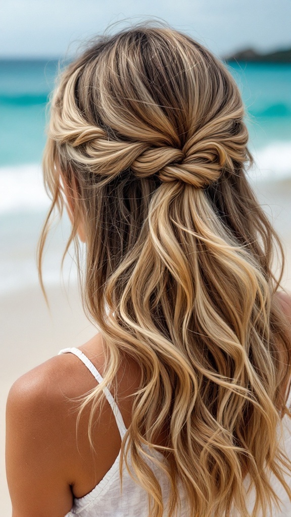 A woman with beachy waves styled in a half-up twist, standing near the beach.