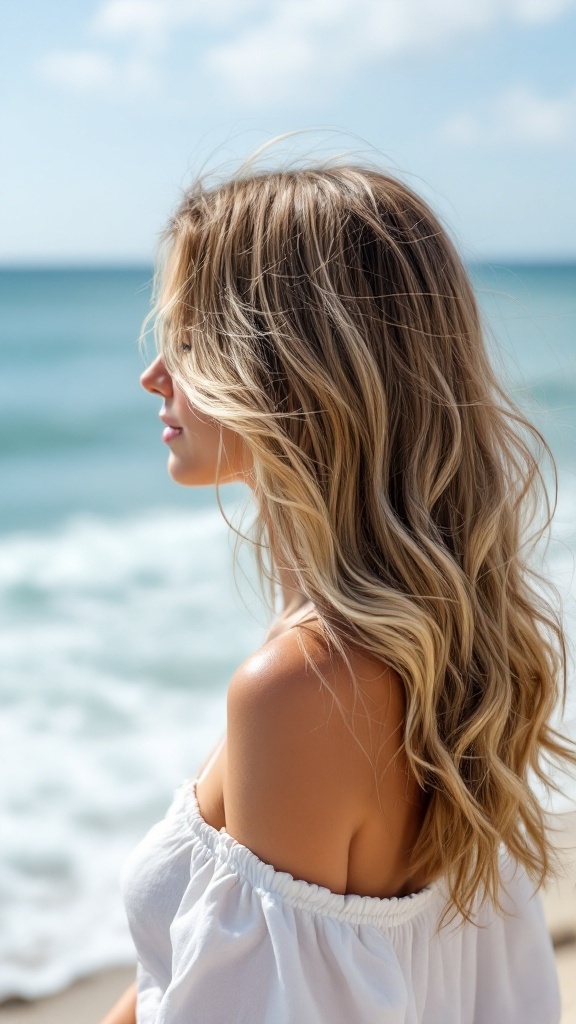 A woman with medium-length hair styled in beachy waves, standing by the ocean.