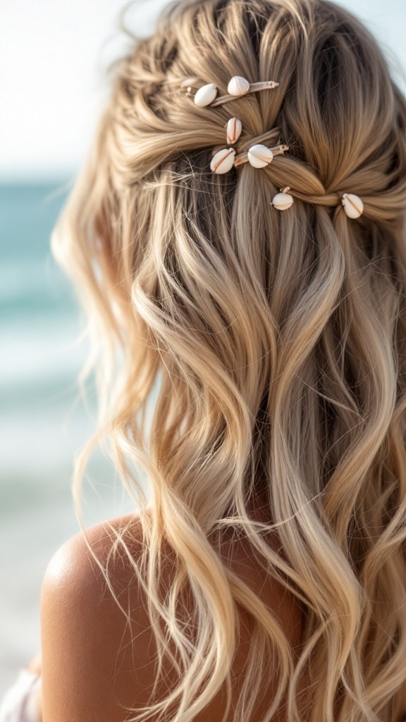 A hairstyle featuring beachy waves adorned with seashell clips