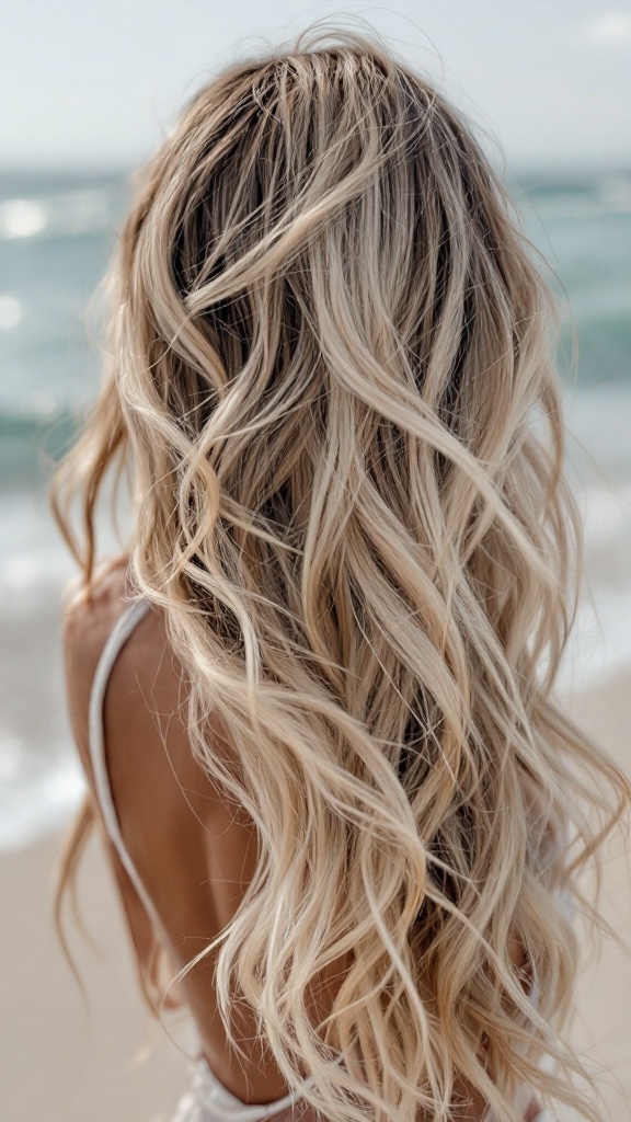 Long hair styled in beachy waves with a side part, showing movement and texture against a beach background.
