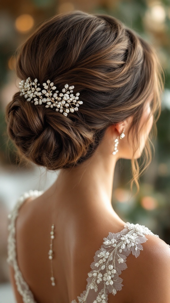 Close-up of a beaded hairpiece updo hairstyle on short hair, featuring elegant curls and a decorated hairpiece.