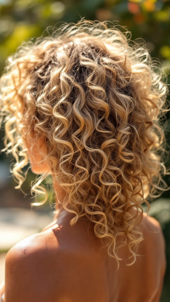 Curly hair with blonde highlights in sunlight
