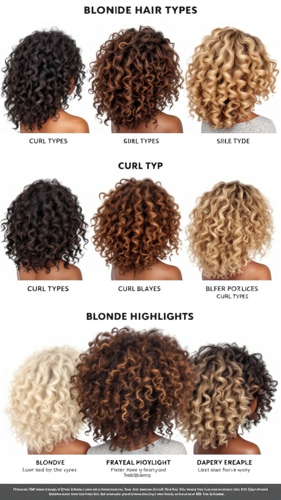 An image showing different types of curly hair with blonde highlights.