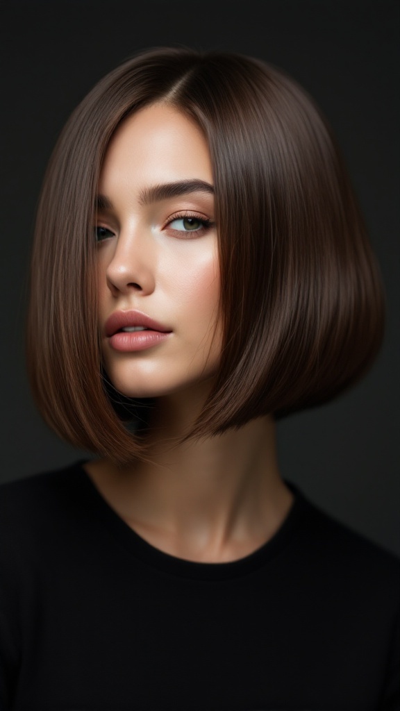 A woman with a sleek blunt bob hairstyle.