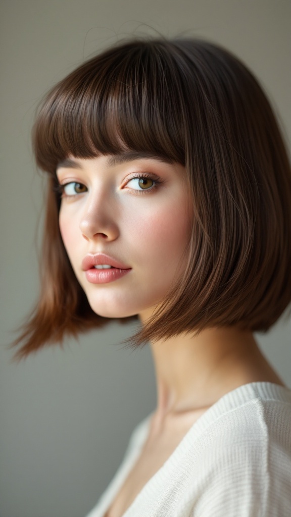 A woman with a stylish bob haircut and bangs, showcasing a fresh and modern look.