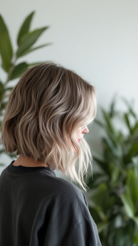 A stylish bob haircut with undercut, featuring wavy texture and soft layers, set against a backdrop of green plants.