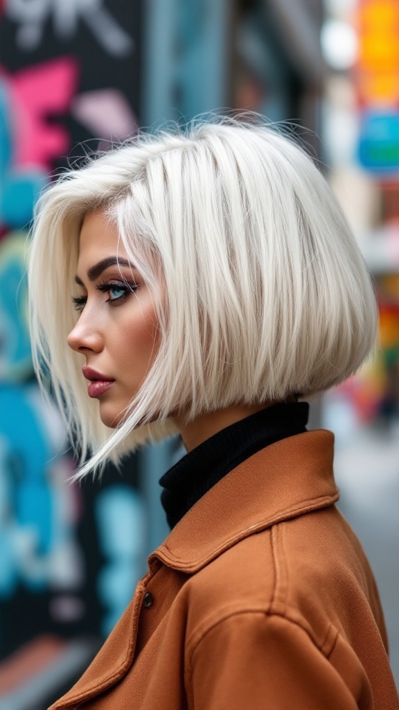 A woman with a sleek blonde bob hairstyle featuring an undercut.