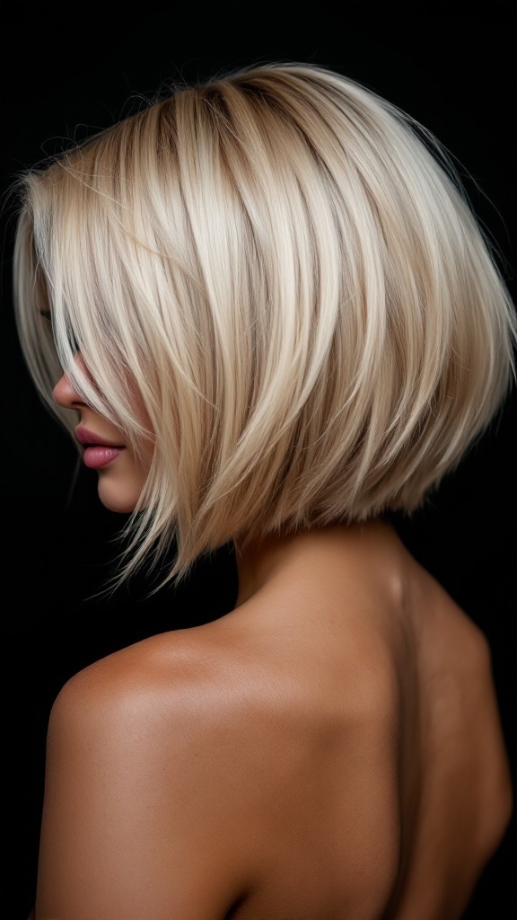 A stylish bob hairstyle with voluminous roots, showcasing a layered cut and healthy shine.