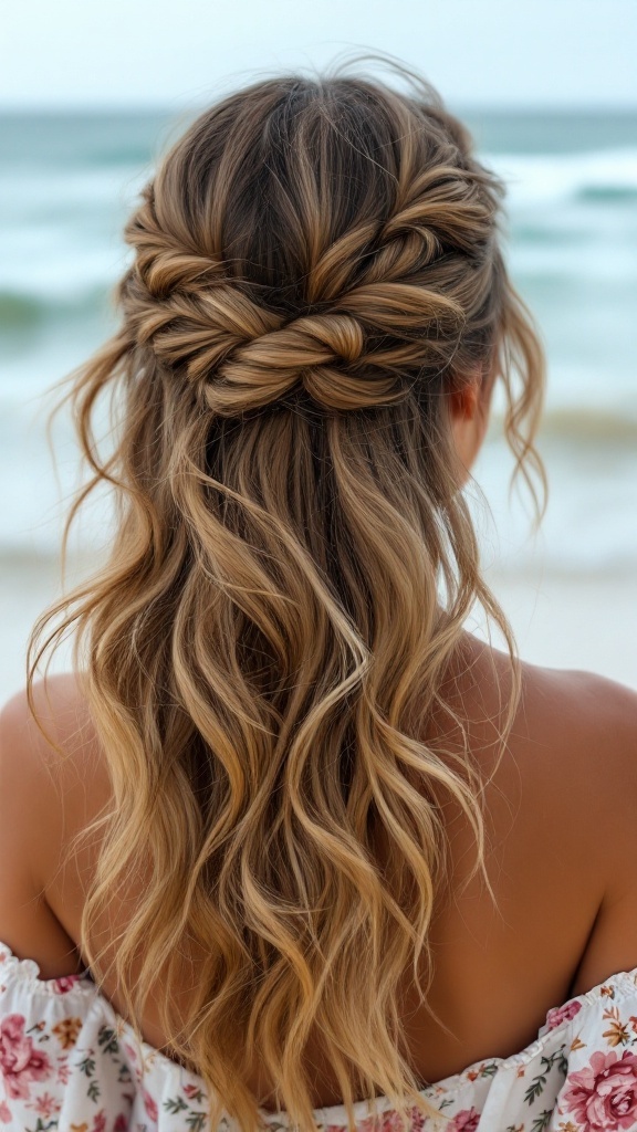 A woman with a bohemian beachy half up half down hairstyle, showing intricate braids and soft waves.