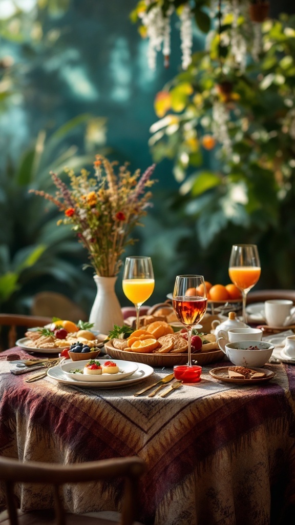 A beautifully arranged brunch table with colorful drinks, fruits, and pastries, surrounded by plants and wildflowers.