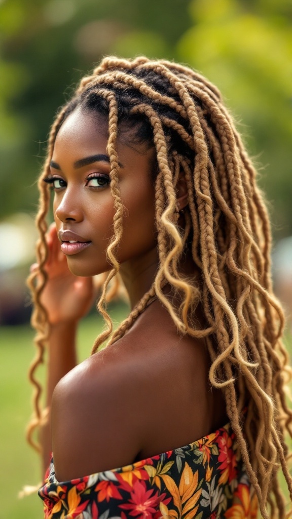 A woman with bohemian crochet locs styled in loose waves, showcasing a beautiful hairstyle in a floral outfit.