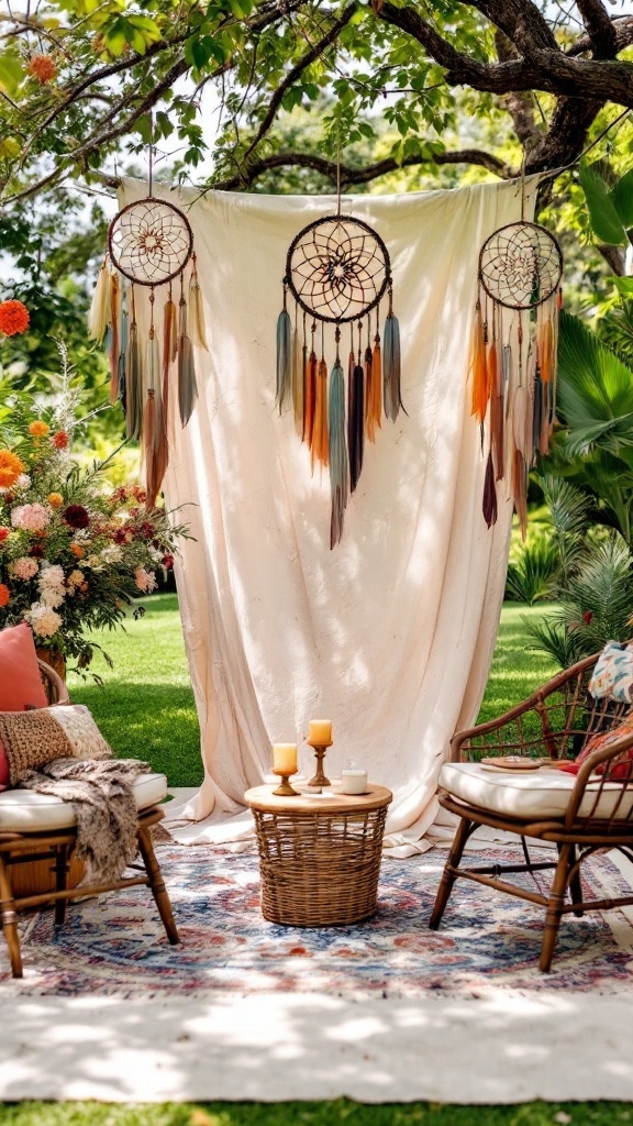 A cozy outdoor bridal shower setting with dreamcatchers, wicker chairs, and floral decorations