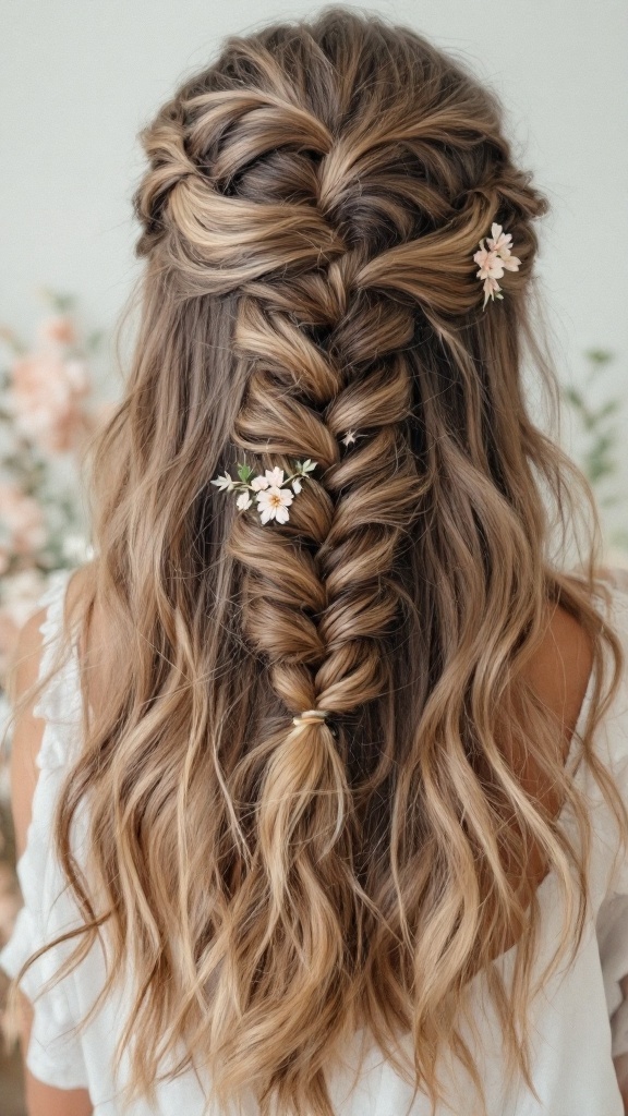 A stunning half-up half-down wedding hairstyle featuring a beautiful fishtail braid and delicate flowers.
