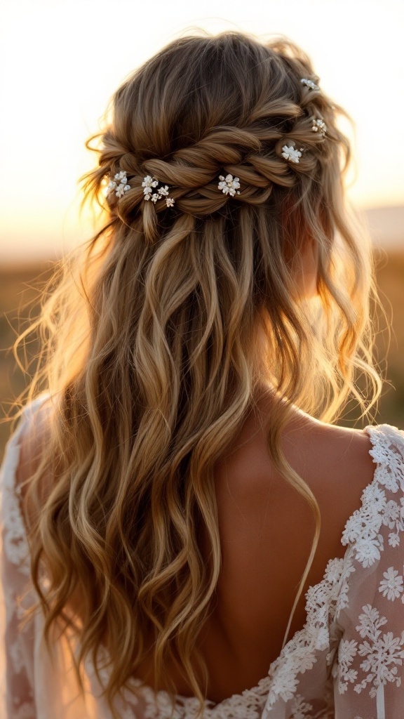 A woman with half up half down hair styled in loose curls and braided decoration, adorned with floral accessories.