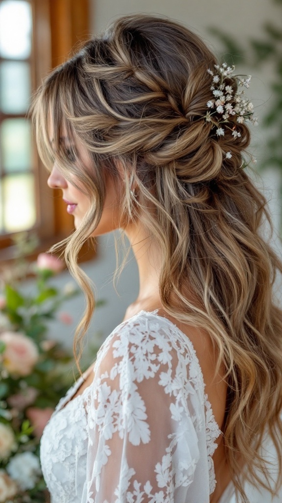 A bride with beautiful half up half down wedding hair featuring loose strands and floral accents