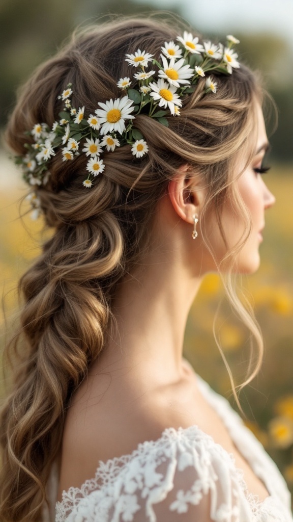 Bridal hairstyle featuring a loose braid adorned with daisies