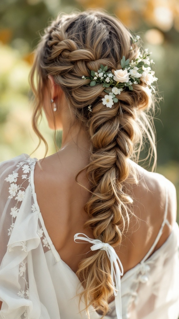 A beautiful bohemian loose braid hairstyle adorned with flowers, suitable for bridesmaids in one-shoulder dresses.