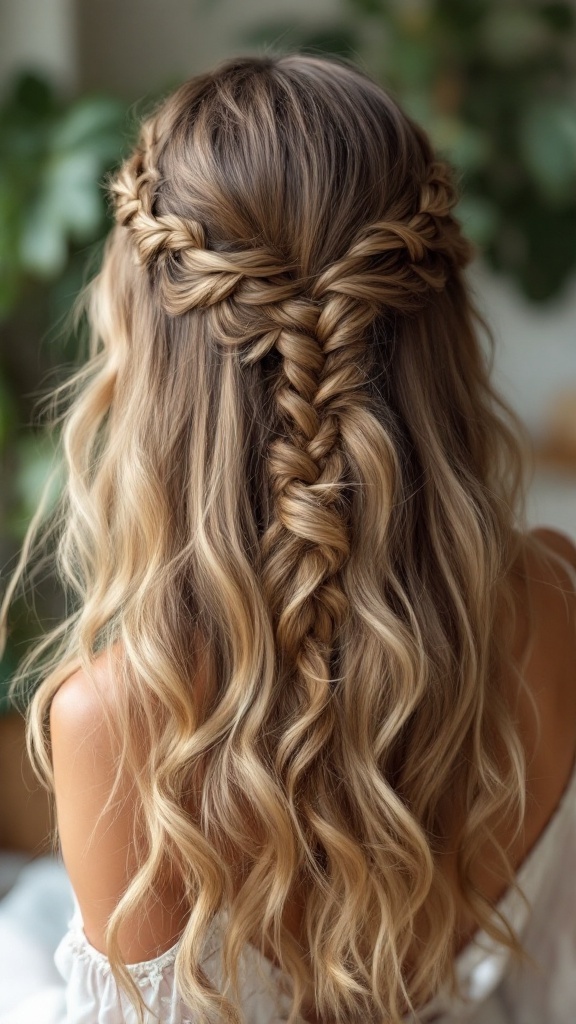 Bridesmaid hairstyle featuring bohemian loose waves and braids