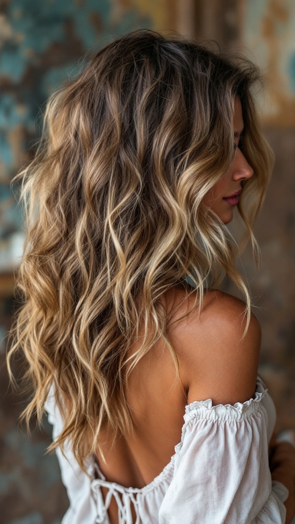 A woman with long, wavy, highlighted hair, showcasing a bohemian messy waves hairstyle.