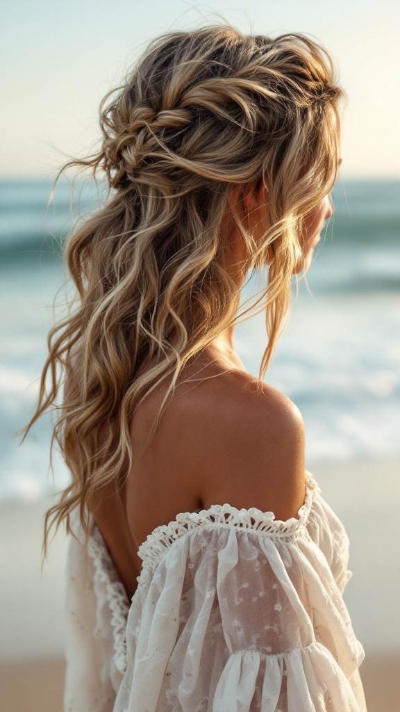 A woman with a bohemian side part hairstyle featuring beach waves, standing by the ocean.