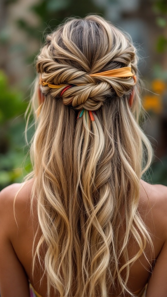 A woman with wavy hair styled in a bohemian twist with colorful ribbons, showcasing a half-up half-down wedding hairstyle.