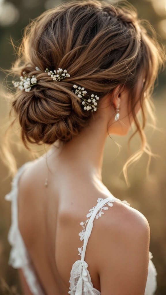 A woman with a boho-inspired messy bun hairstyle adorned with white flowers, wearing a delicate dress.