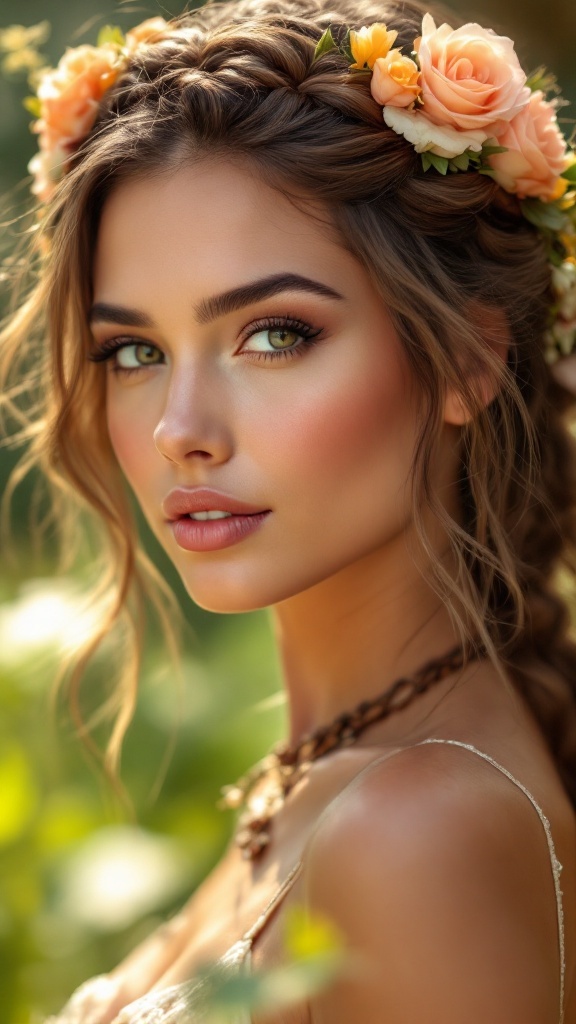 A woman with long hair styled in a braided crown, decorated with flowers, showcasing a bohemian summer hairstyle.