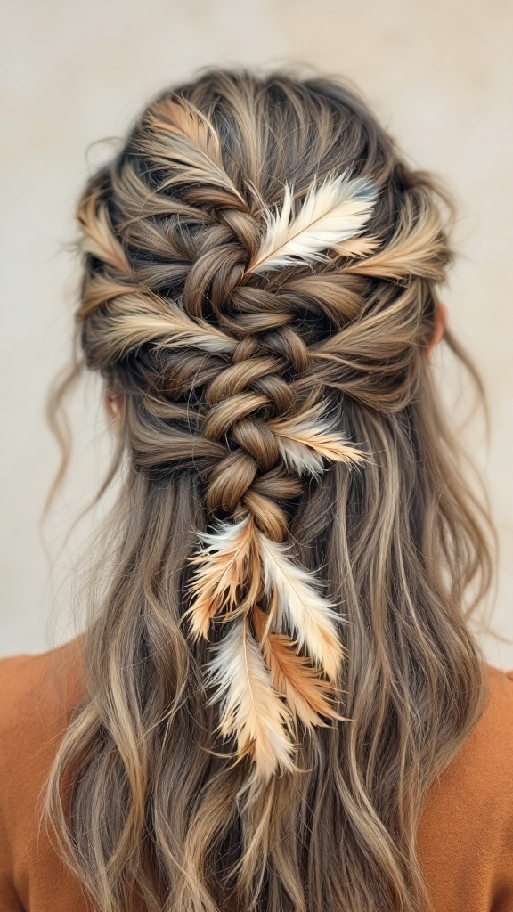 A woman with a bohemian braided half-up hairstyle featuring feathers, showcasing a romantic and whimsical look.