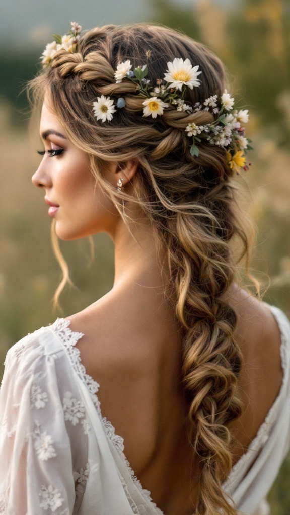 A woman with a crown braid hairstyle adorned with flowers, showcasing a boho chic look.