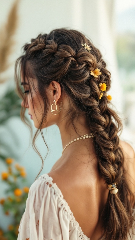 A woman with a half up braid hairstyle decorated with flowers, showcasing a boho chic look.