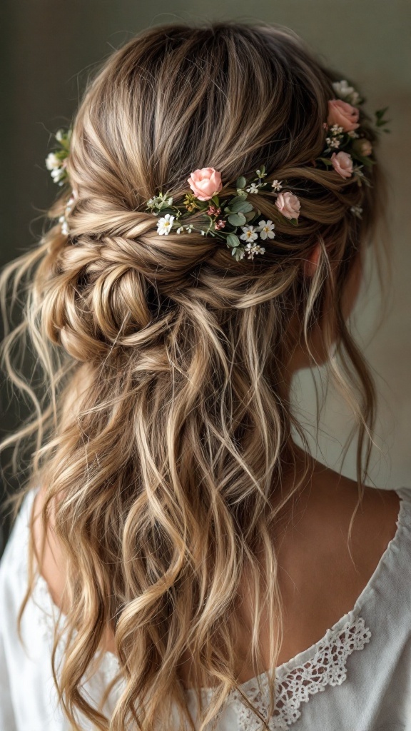 A woman with a boho chic loose updo hairstyle, adorned with small flowers, showcasing relaxed waves and a natural look.