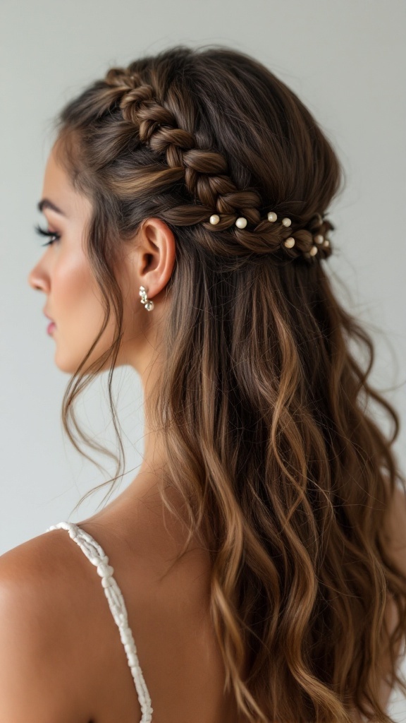 A woman with a Boho twisted half braid hairstyle, featuring a braided section at the top and loose wavy hair.