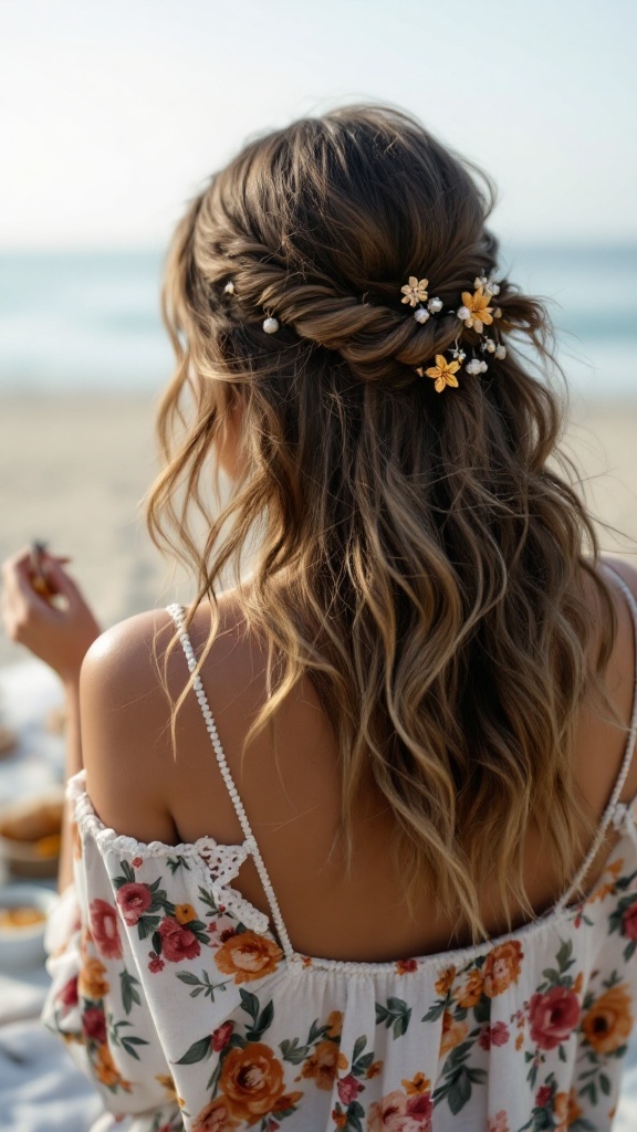 A woman with medium hair styled in boho waves, adorned with floral accessories, sitting by the beach.