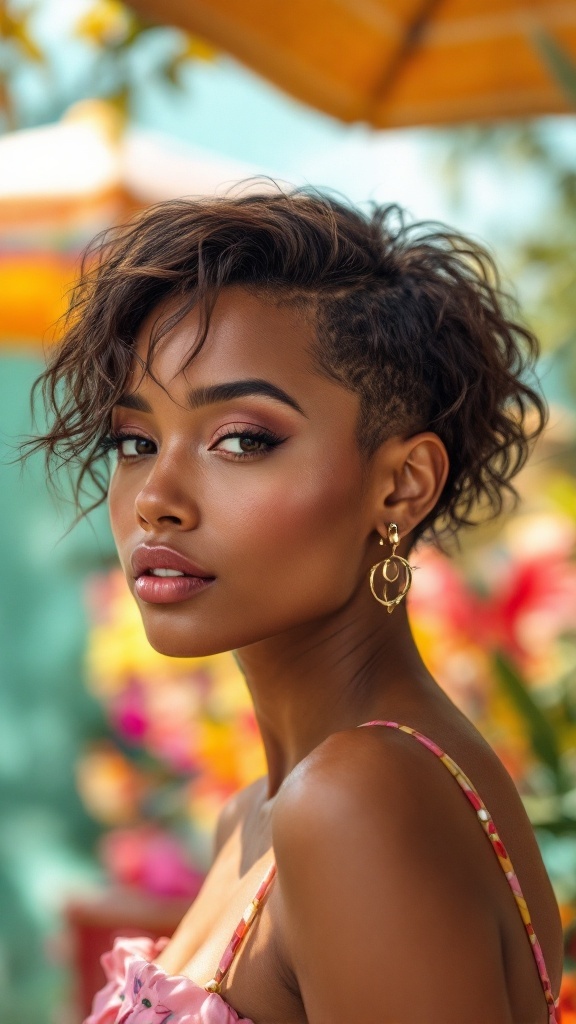 A woman with short curly hair wearing hoop earrings, set against a colorful floral background.