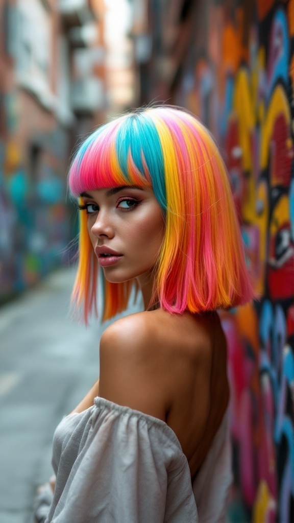 A person with bold colored bangs, featuring pink, blue, and yellow hues, standing in an urban setting.