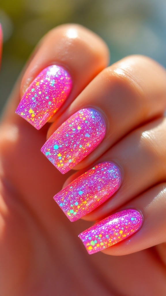 A hand with glittery pink and silver nails holding a drink, showcasing summer nail art.
