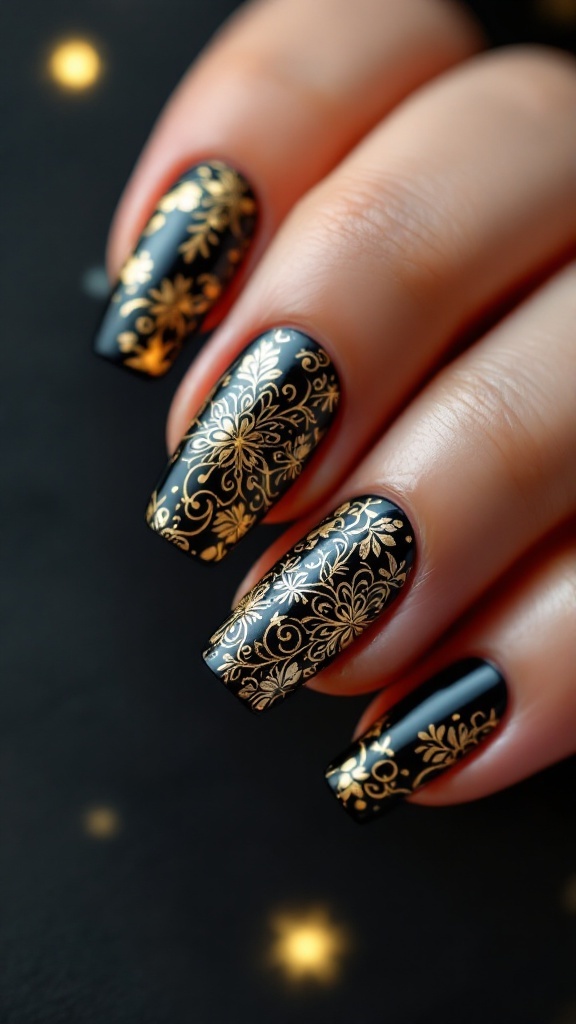 Black nails with gold floral designs