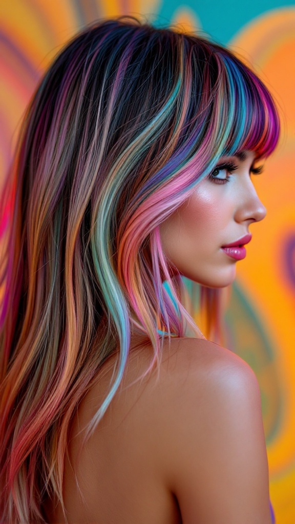 A woman with vibrant side bangs and colorful highlights against a bright background.