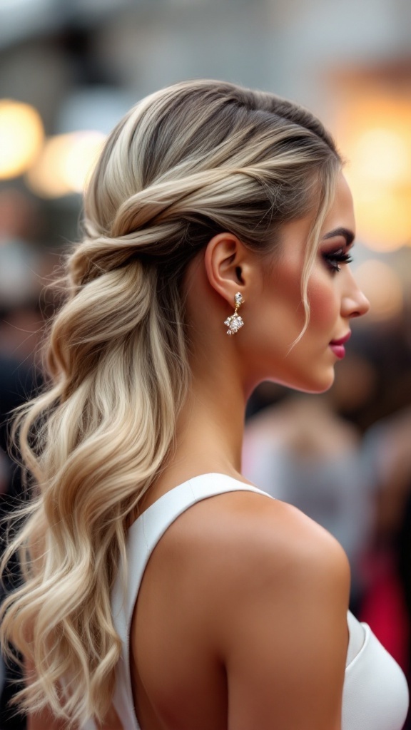 A woman with a twisted half up half down hairstyle, featuring soft waves and elegant accessories.