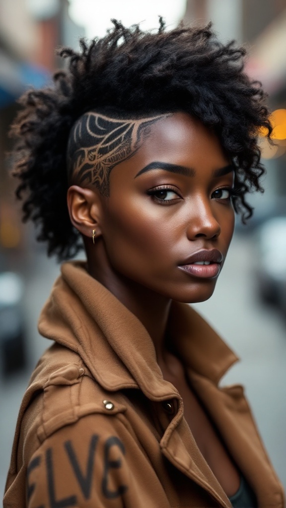 A Black woman with a bold undercut hairstyle featuring a detailed design, showcasing natural curls on top.