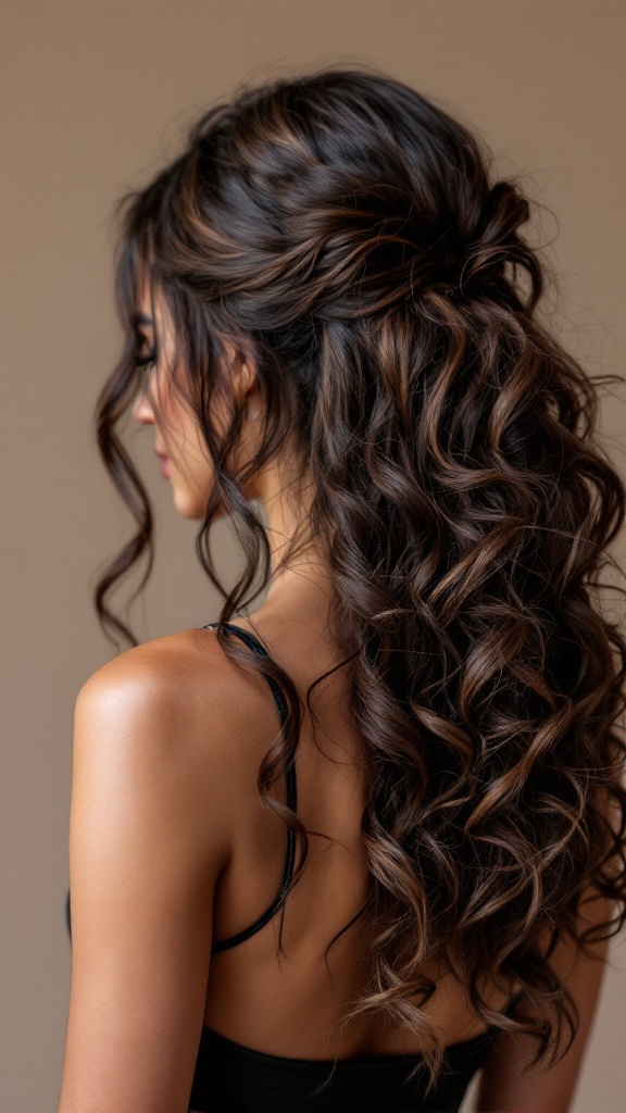 A woman with bouncy curls styled in a half-up, half-down hairdo, showcasing a playful vibe.