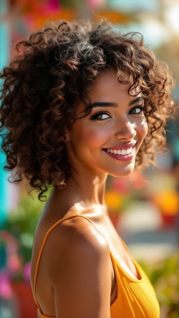 A smiling woman with bouncy medium curls and a bright orange top