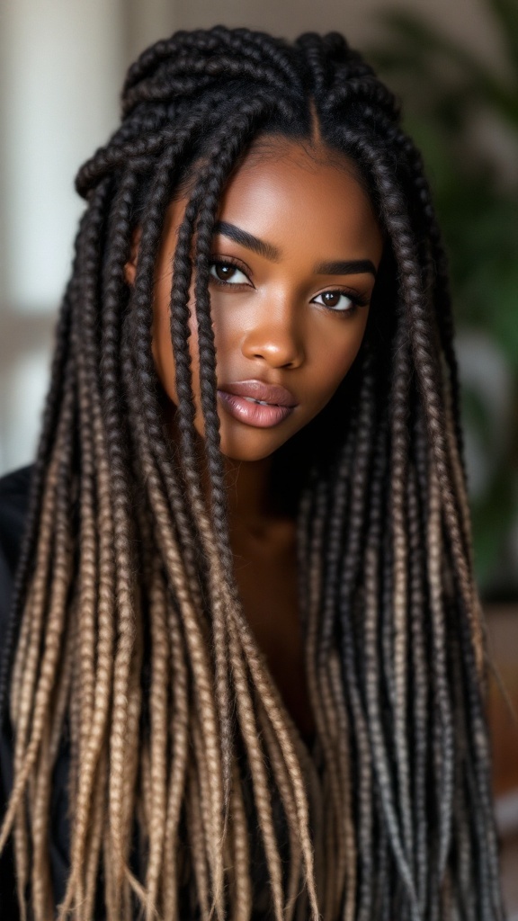A person with long box braids, featuring an ombre color transition from black to lighter shades.