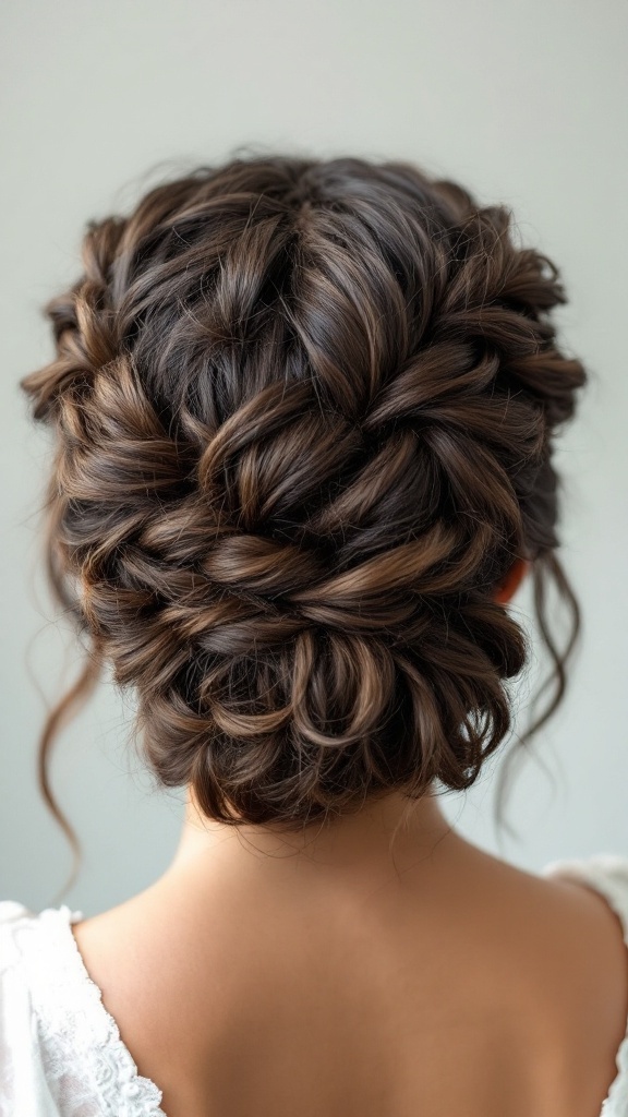 An elegant braid-infused curly updo hairstyle, showcasing intricate braids and soft curls.